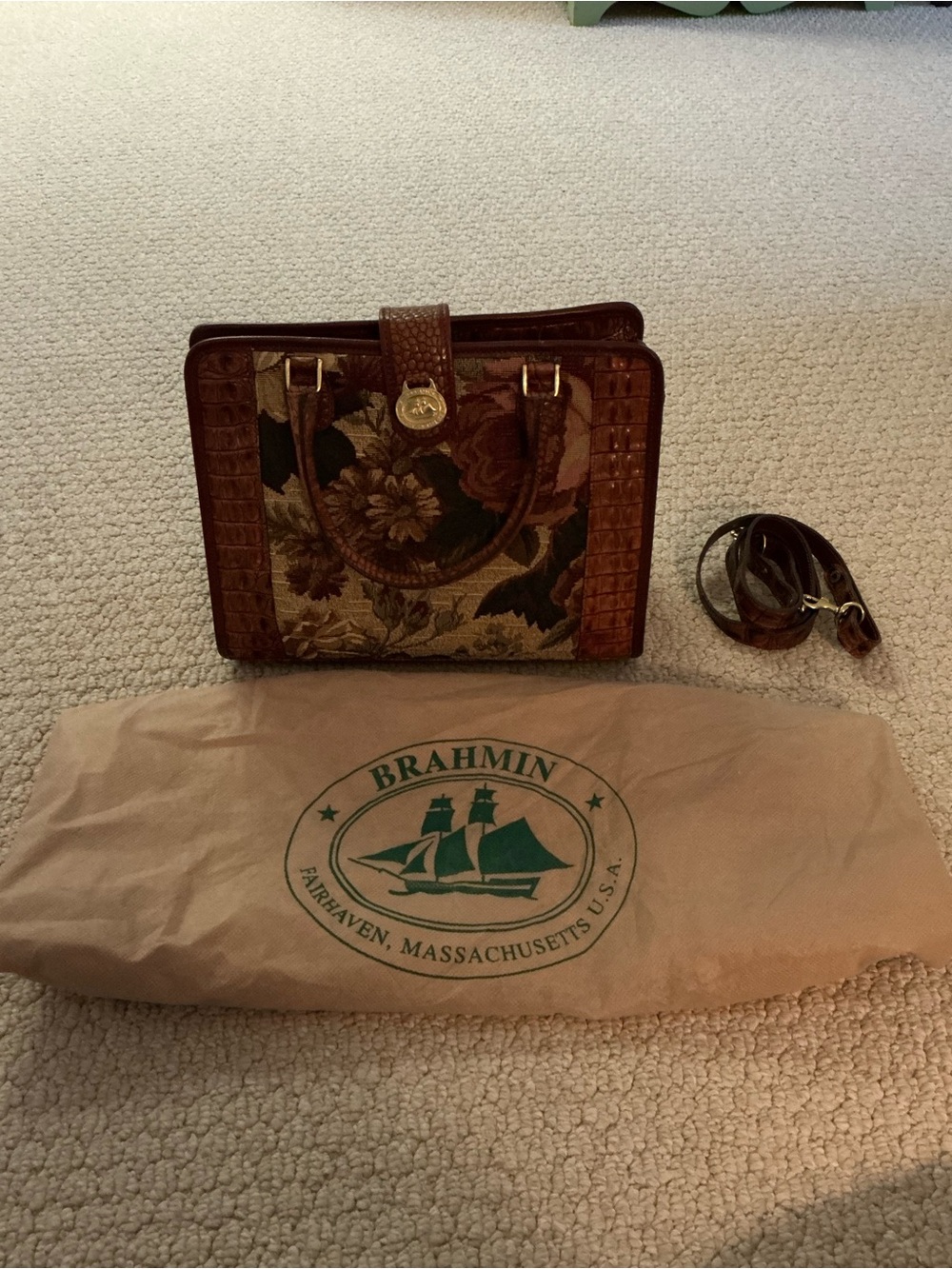 VINTAGE Brahmin Brown Floral Tapestry Satchel with Croc Trim